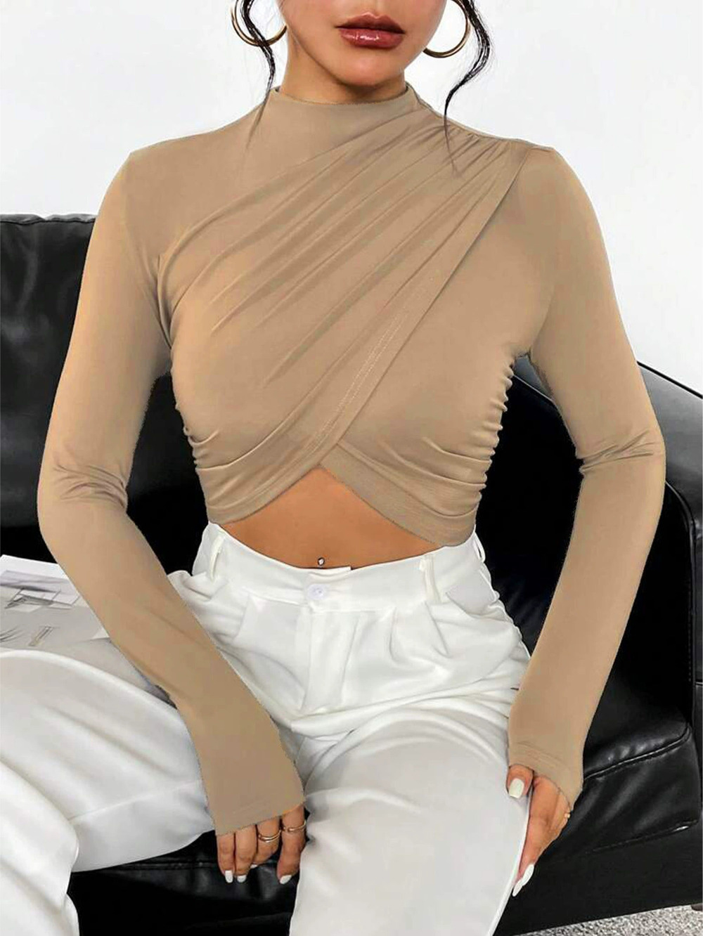 ZARA Elegant Slim Fit Solid Mock Neck Long Sleeve Cropped Tee
